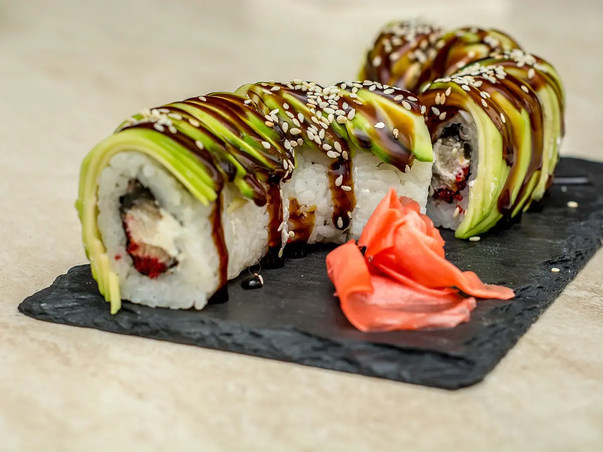 Eel avocado sushi roll, layered ingredients at Osaka Sushi，a Japanese Restaurant in Redding
